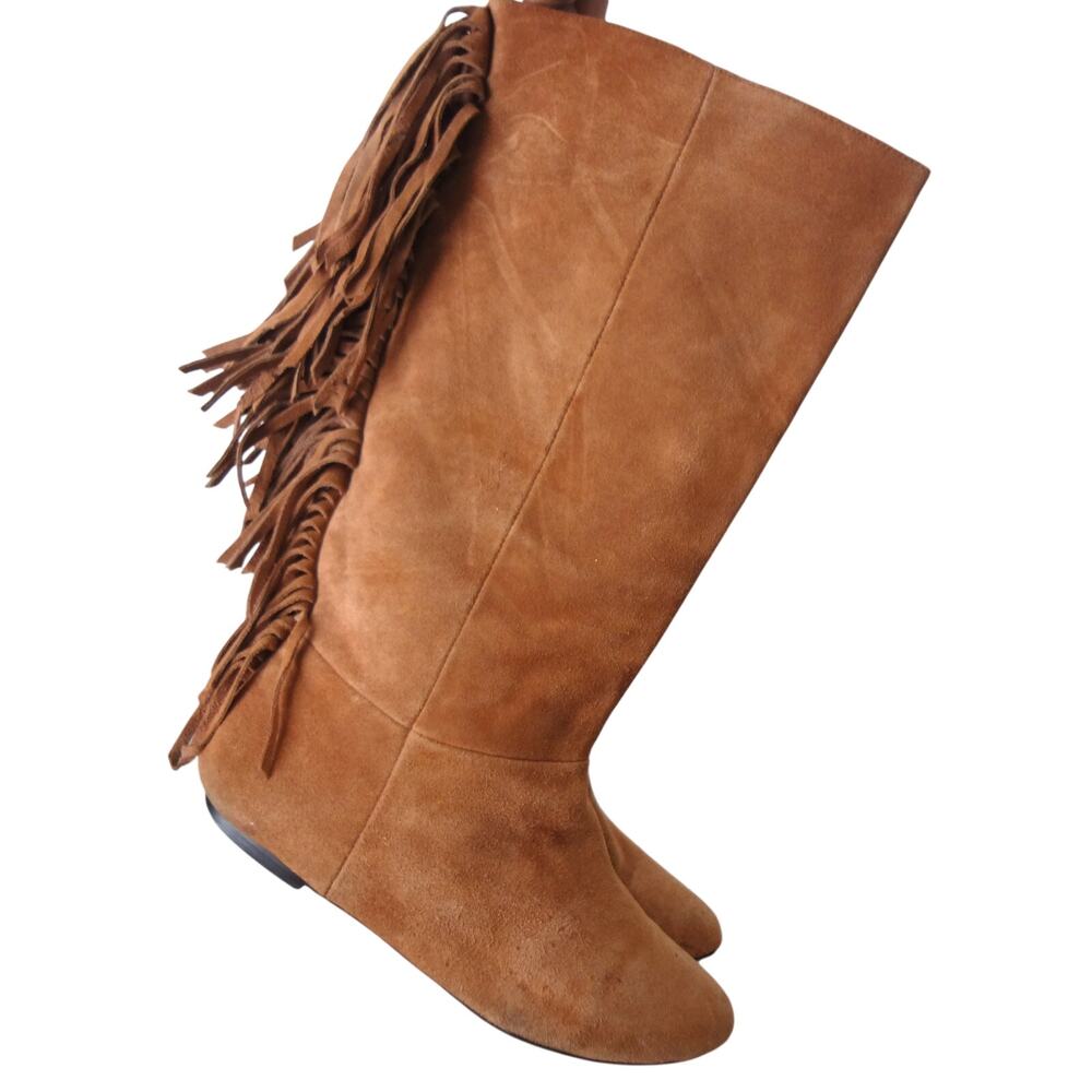 Very Volatile Tan Brown Fringe Tall Boots Suede Women 9 Flat Round Toe Boho Knee